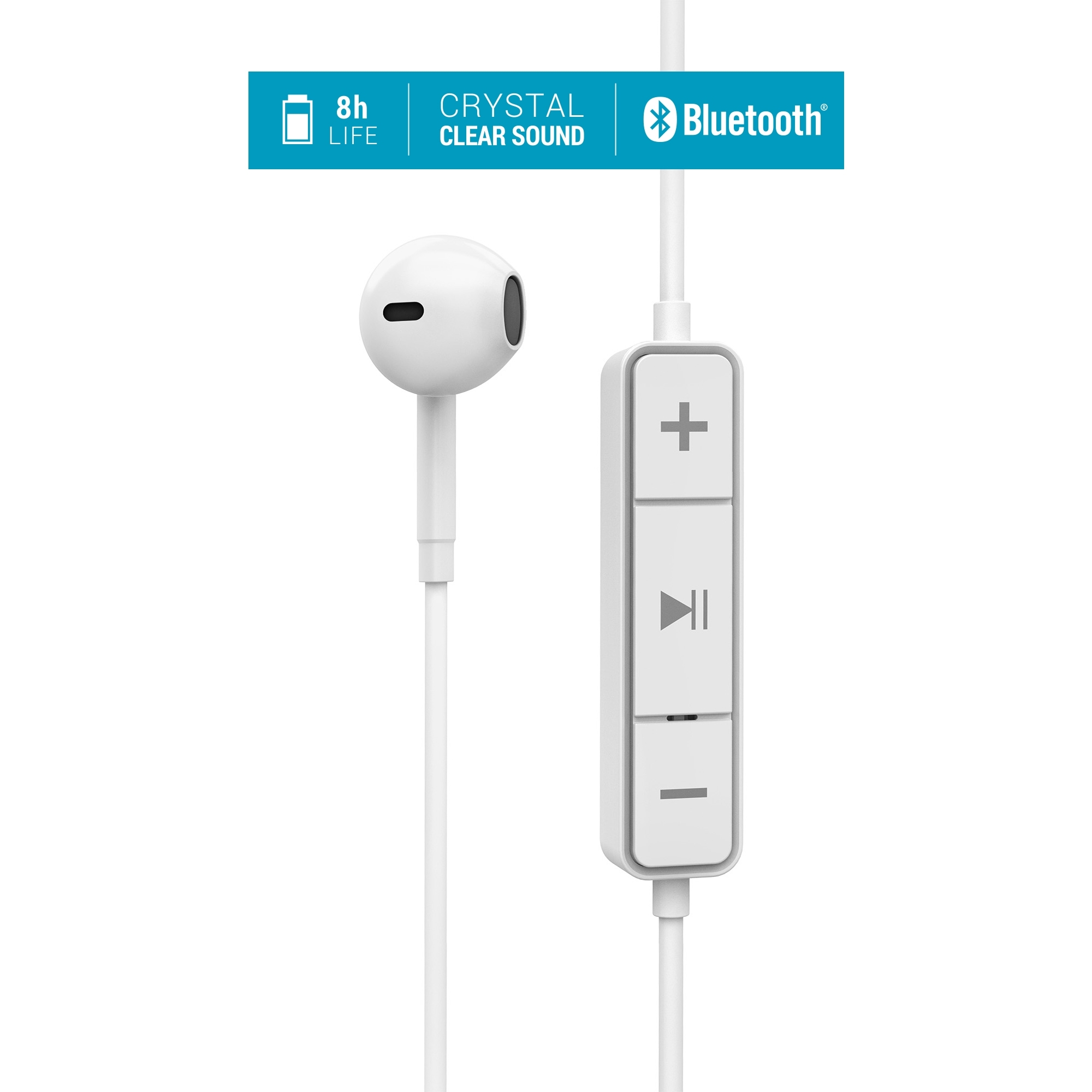 White wireless earphones featuring Bluetooth technology