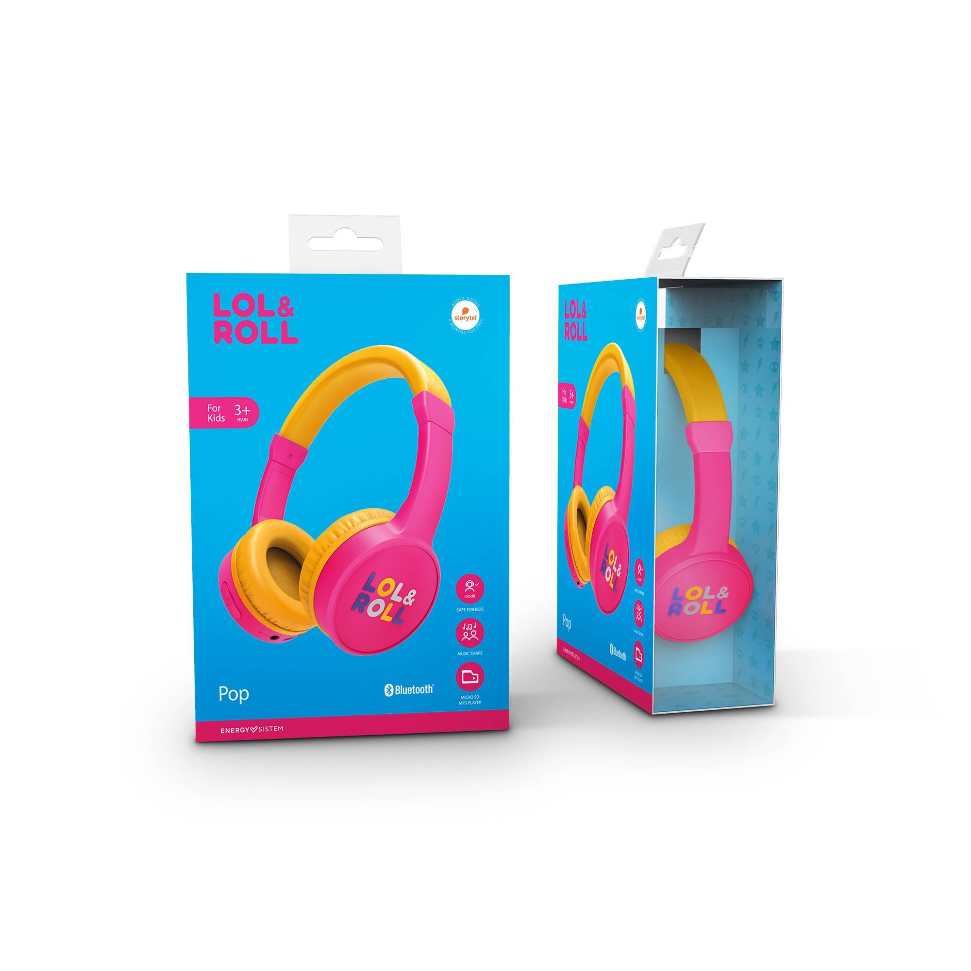Verpackung der blauen Lol&Roll Pop Kids Bluetooth-Kopfhörer