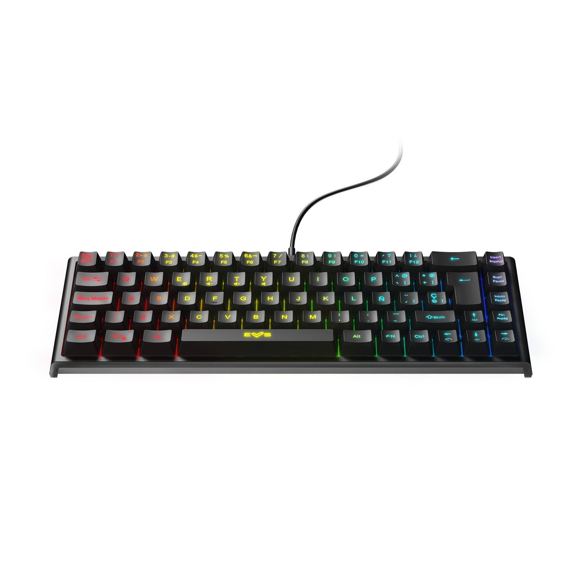 Teclado gaming de membrana, de tamanho compacto e com 68 teclas.