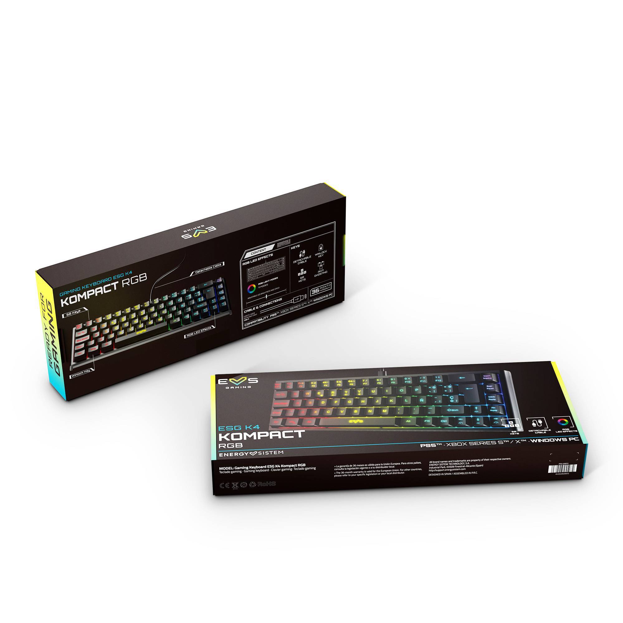 Black ESG K4 KOMPACT-RGB gaming keyboard's packaging