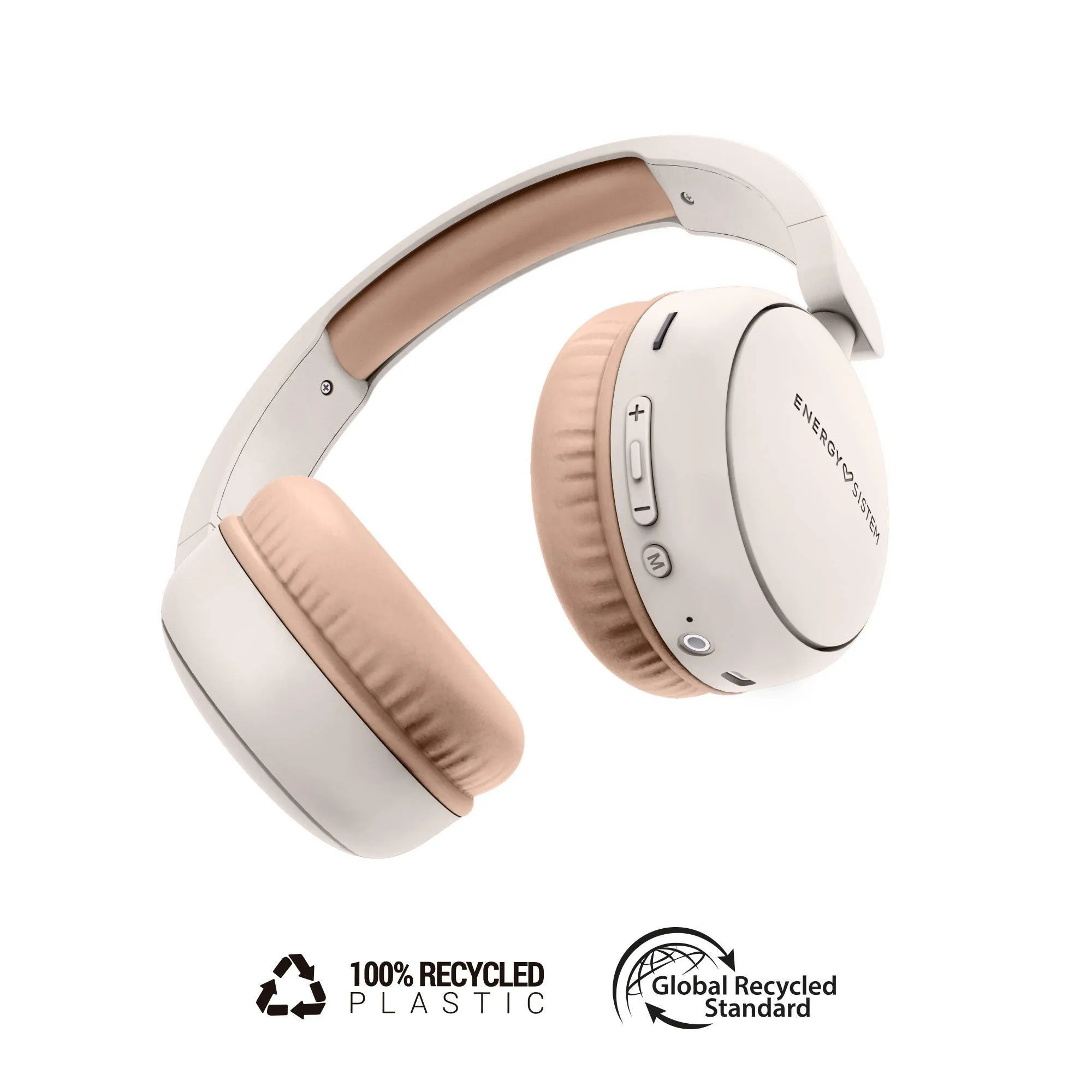 Radio Color cream Buetooth headphones made from recycled plastic, with built-in FM radio and Micro SD slo
