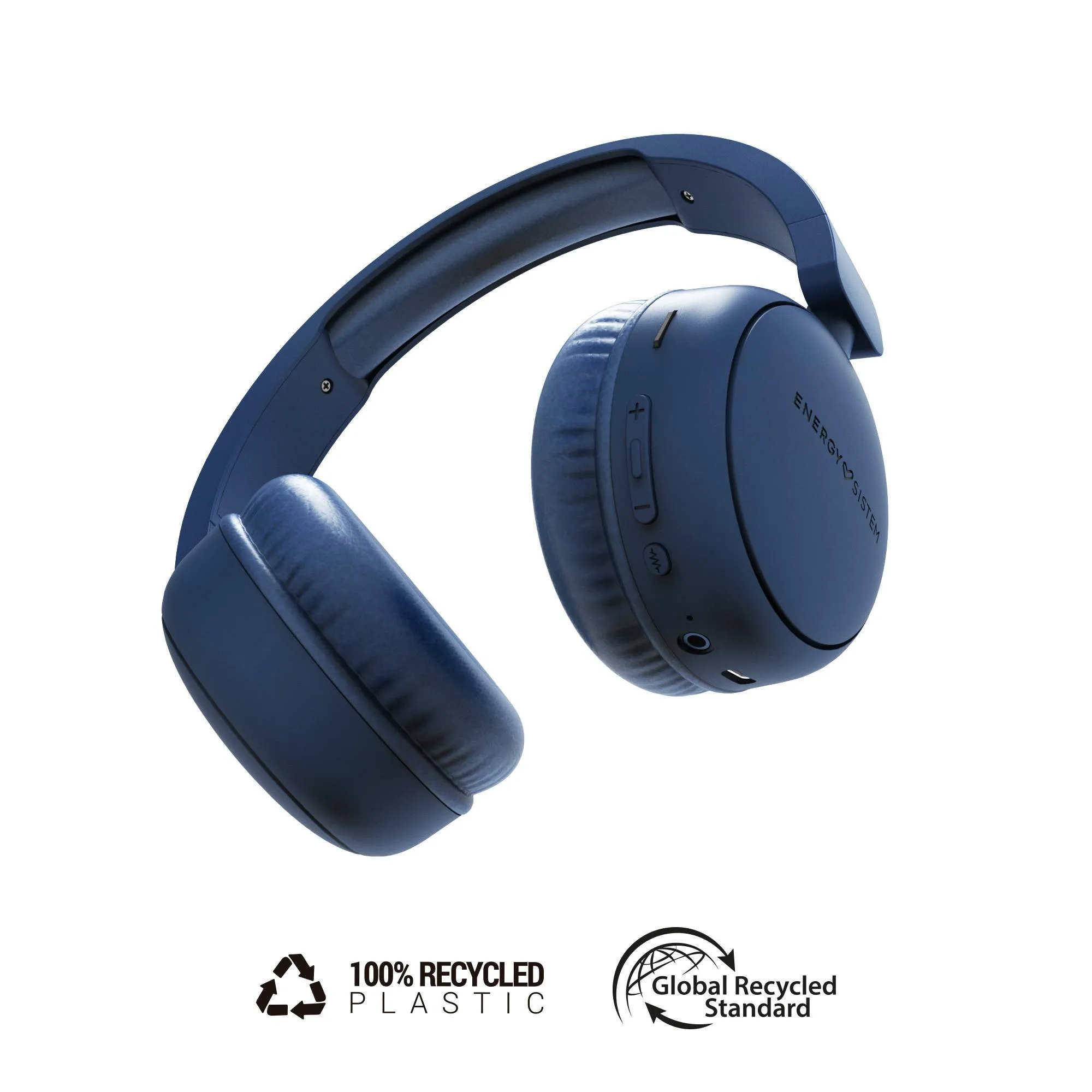 Radio Color indigo Buetooth headphones made from recycled plastic, with built-in FM radio and Micro SD slo